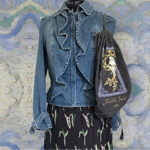 y2k INC ruffle zip denim jacket pleated puff sleeve 80s 90s altered quirky